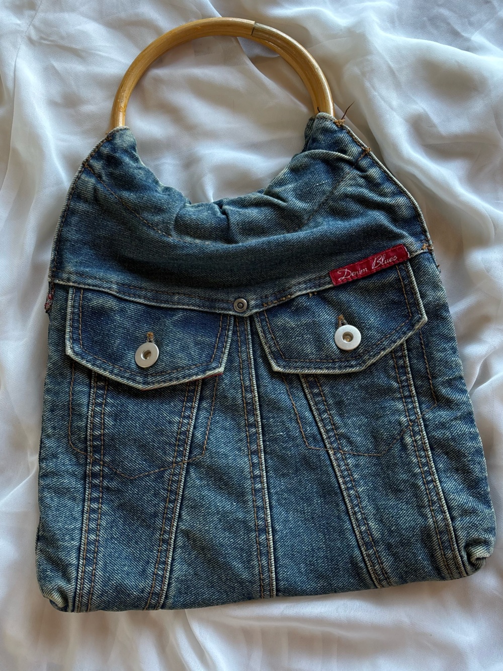 Vintage Y2K Denim Blues Upcycled Repurposed Skirt Small Hand Purse Bamboo Handle